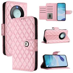 For Honor X9c Smart 5G Global Rhombic Texture Flip Leather Phone Case with Lanyard(Pink)