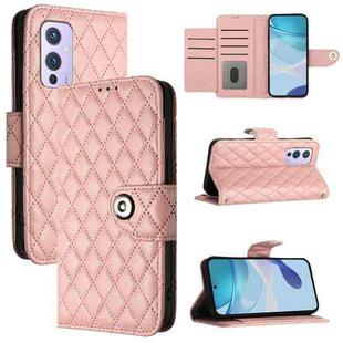 For OnePlus 9 Rhombic Texture Flip Leather Phone Case with Lanyard(Coral Pink)