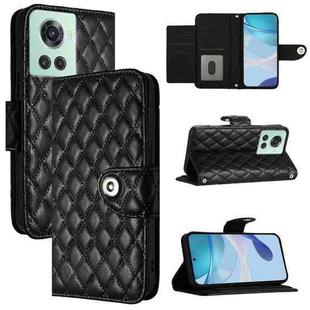 For OnePlus 10R / Ace Rhombic Texture Flip Leather Phone Case with Lanyard(Black)