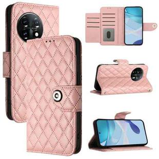For OnePlus 11 Rhombic Texture Flip Leather Phone Case with Lanyard(Coral Pink)