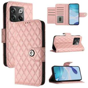 For OnePlus Ace Pro / 10T Rhombic Texture Flip Leather Phone Case with Lanyard(Coral Pink)