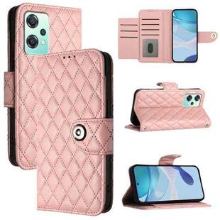For OnePlus Nord 2 Lite Rhombic Texture Flip Leather Phone Case with Lanyard(Coral Pink)