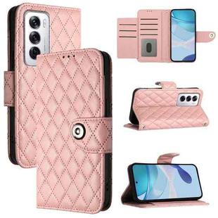 For OPPO Reno12 5G Global Rhombic Texture Flip Leather Phone Case with Lanyard(Coral Pink)