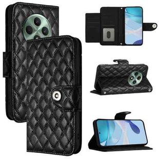 For OPPO Reno12 F 5G Global Rhombic Texture Flip Leather Phone Case with Lanyard(Black)