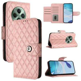 For OPPO Reno12 F 5G Global Rhombic Texture Flip Leather Phone Case with Lanyard(Coral Pink)