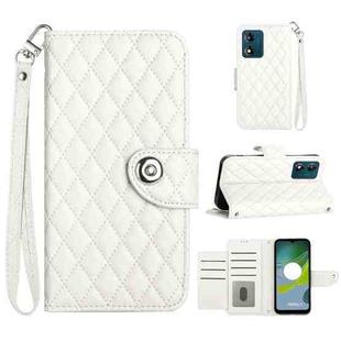 For Motorola Moto E13 Rhombic Texture Flip Leather Phone Case with Lanyard(White)