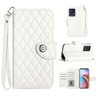 For Motorola Edge+ 2023 Rhombic Texture Flip Leather Phone Case with Lanyard(White)
