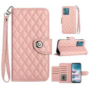 For Motorola Edge 40 Neo Rhombic Texture Flip Leather Phone Case with Lanyard(Coral Pink)
