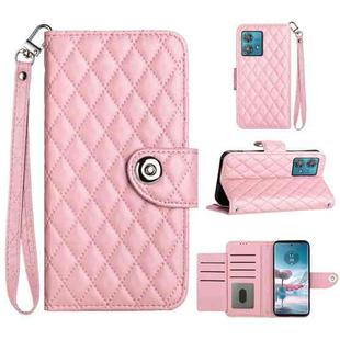 For Motorola Edge 40 Neo Rhombic Texture Flip Leather Phone Case with Lanyard(Pink)