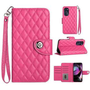 For Motorola Moto G 5G 2022 Rhombic Texture Flip Leather Phone Case with Lanyard(Rose Red)