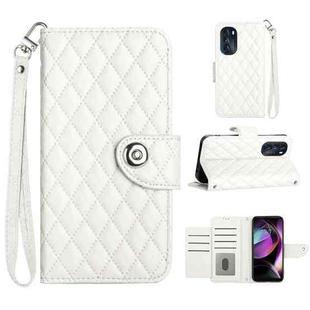 For Motorola Moto G 5G 2022 Rhombic Texture Flip Leather Phone Case with Lanyard(White)