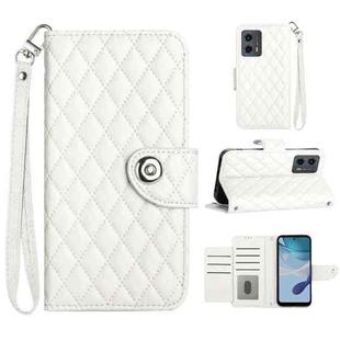 For Motorola Moto G 5G 2023 Rhombic Texture Flip Leather Phone Case with Lanyard(White)