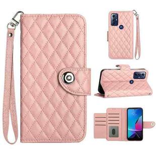 For Motorola Moto G Play 2023 / G Pure Rhombic Texture Flip Leather Phone Case with Lanyard(Coral Pink)
