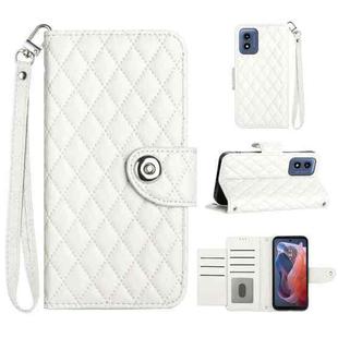 For Motorola Moto G Play 4G 2024 Rhombic Texture Flip Leather Phone Case with Lanyard(White)