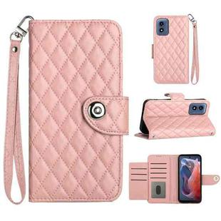 For Motorola Moto G Play 4G 2024 Rhombic Texture Flip Leather Phone Case with Lanyard(Coral Pink)