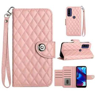 For Motorola Moto G Power 2022 Rhombic Texture Flip Leather Phone Case with Lanyard(Coral Pink)