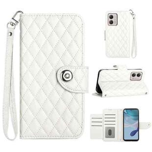 For Motorola Moto G53 / G23 / G13 Rhombic Texture Flip Leather Phone Case with Lanyard(White)