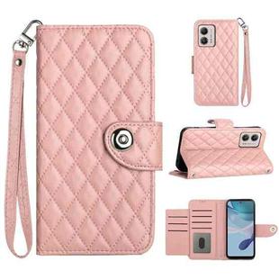 For Motorola Moto G53 / G23 / G13 Rhombic Texture Flip Leather Phone Case with Lanyard(Coral Pink)