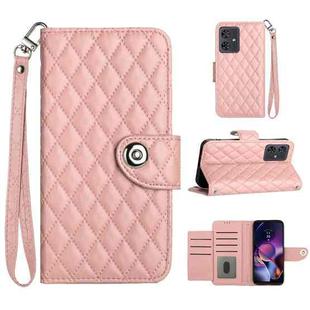 For Motorola Moto G54 Rhombic Texture Flip Leather Phone Case with Lanyard(Coral Pink)