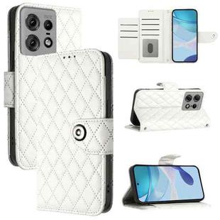 For Motorola Edge 50 Pro Rhombic Texture Flip Leather Phone Case with Lanyard(White)