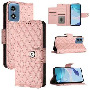 For Motorola Moto G Play 5G 2024 Rhombic Texture Flip Leather Phone Case with Lanyard(Coral Pink)