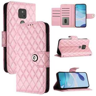 For Motorola Moto G Play 2021 Rhombic Texture Flip Leather Phone Case with Lanyard(Pink)