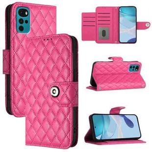 For Motorola Moto G22 / E22s 4G Global Rhombic Texture Flip Leather Phone Case with Lanyard(Rose Red)