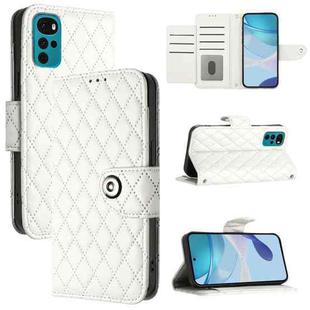 For Motorola Moto G22 / E22s 4G Global Rhombic Texture Flip Leather Phone Case with Lanyard(White)