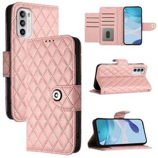 For Motorola Moto G52 / G82 / G71s Rhombic Texture Flip Leather Phone Case with Lanyard(Coral Pink)