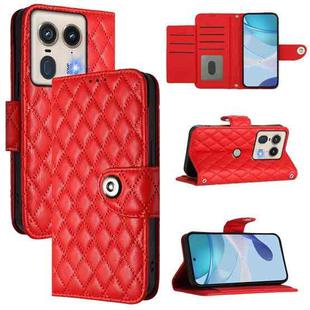 For Motorola Edge 50 5G Global Rhombic Texture Flip Leather Phone Case with Lanyard(Red)