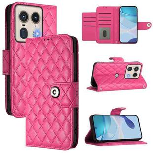 For Motorola Edge 50 5G Global Rhombic Texture Flip Leather Phone Case with Lanyard(Rose Red)