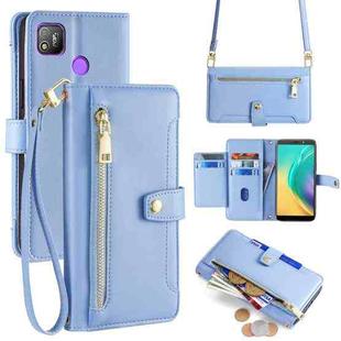 For Tecno Pop 4 Sheep Texture Cross-body Zipper Wallet Leather Phone Case(Blue)