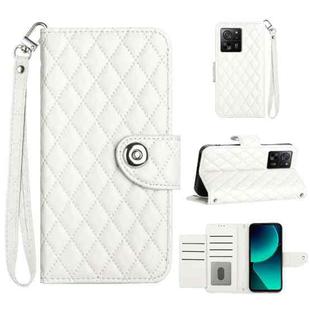 For Xiaomi 13T / 13T Pro Rhombic Texture Flip Leather Phone Case with Lanyard(White)