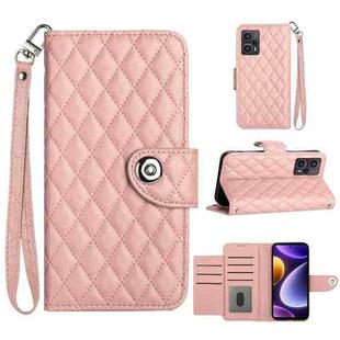 For Xiaomi Poco F5 / Redmi Note 12 Turbo Rhombic Texture Flip Leather Phone Case with Lanyard(Coral Pink)