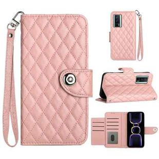 For Xiaomi Poco F5 Pro / Redmi K60 Rhombic Texture Flip Leather Phone Case with Lanyard(Coral Pink)