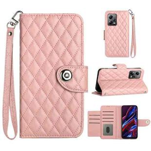 For Xiaomi Redmi Note 12 5G Rhombic Texture Flip Leather Phone Case with Lanyard(Coral Pink)