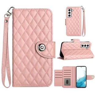 For Samsung Galaxy S22 5G Rhombic Texture Flip Leather Phone Case with Lanyard(Coral Pink)