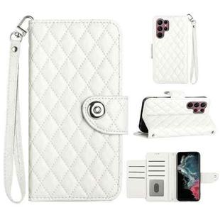 For Samsung Galaxy S22 Ultra 5G Rhombic Texture Flip Leather Phone Case with Lanyard(White)