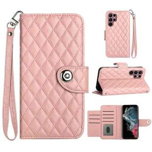 For Samsung Galaxy S22 Ultra 5G Rhombic Texture Flip Leather Phone Case with Lanyard(Coral Pink)
