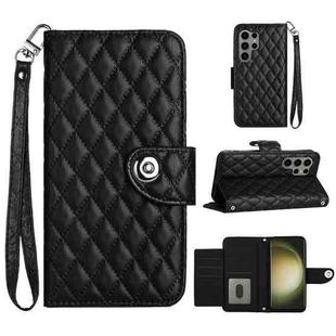 For Samsung Galaxy S23 Ultra 5G Rhombic Texture Flip Leather Phone Case with Lanyard(Black)