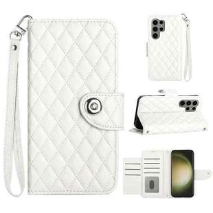 For Samsung Galaxy S23 Ultra 5G Rhombic Texture Flip Leather Phone Case with Lanyard(White)