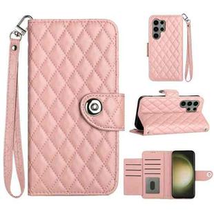 For Samsung Galaxy S23 Ultra 5G Rhombic Texture Flip Leather Phone Case with Lanyard(Coral Pink)