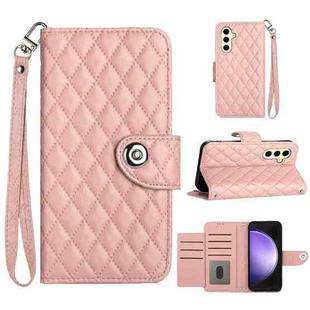 For Samsung Galaxy S24 5G Rhombic Texture Flip Leather Phone Case with Lanyard(Coral Pink)