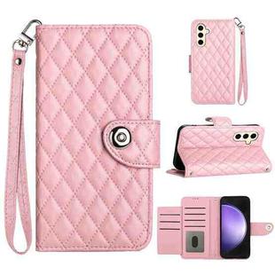 For Samsung Galaxy S24 5G Rhombic Texture Flip Leather Phone Case with Lanyard(Pink)