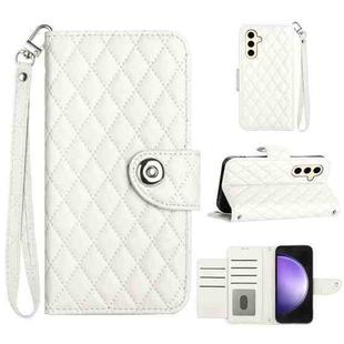 For Samsung Galaxy S24+ 5G Rhombic Texture Flip Leather Phone Case with Lanyard(White)