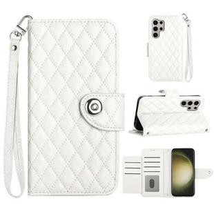 For Samsung Galaxy S24 Ultra 5G Rhombic Texture Flip Leather Phone Case with Lanyard(White)