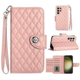 For Samsung Galaxy S24 Ultra 5G Rhombic Texture Flip Leather Phone Case with Lanyard(Coral Pink)