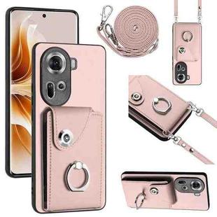 For OPPO Reno11 Global Organ Card Bag Ring Holder Phone Case with Long Lanyard(Pink)