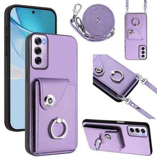 For OPPO Reno12 Pro Global Organ Card Bag Ring Holder Phone Case with Long Lanyard(Purple)