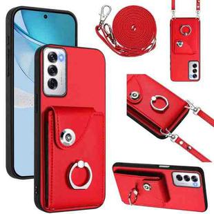 For OPPO Reno12 Global Organ Card Bag Ring Holder Phone Case with Long Lanyard(Red)